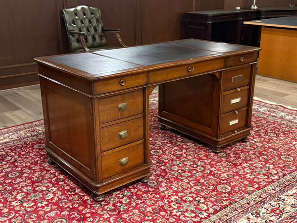 Bureau vintage, bureau anglais classique, acajou, cuir bleu, 690