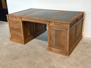 Vintage bureau, partnerdesk, klassiek Engels bureau, eikenhout, zwart leer, 698