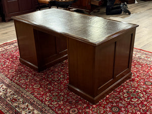 Vintage bureau, antiek, klassiek Engels bureau, eikenhout, bruin leer, 581