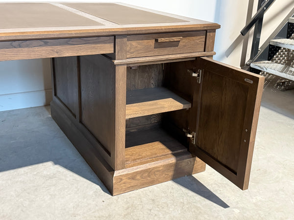 Vintage bureau, partnerdesk, eikenhout, bruin leer,