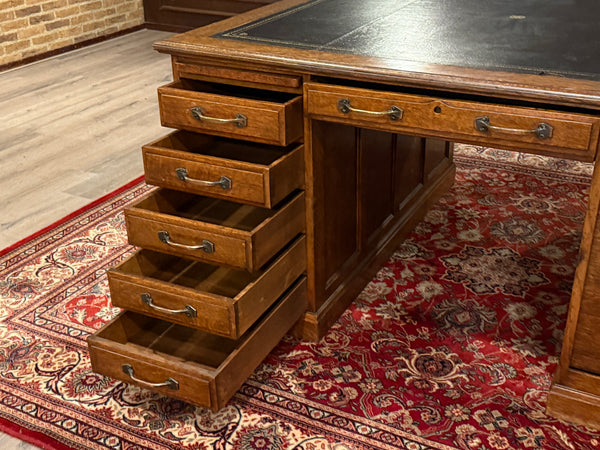Antique Desk (partner desk) 410 - Classic English desk, Dark blue leather, Brass handles, light oak wood, ca. 1920s