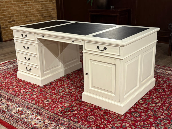 Vintage bureau, wit, klassiek Engels bureau, mahoniehout , zwart leer, 610