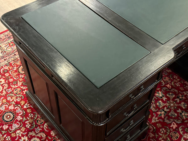 Bureau vintage, bureau anglais classique, bureau double, acajou, cuir vert, 688