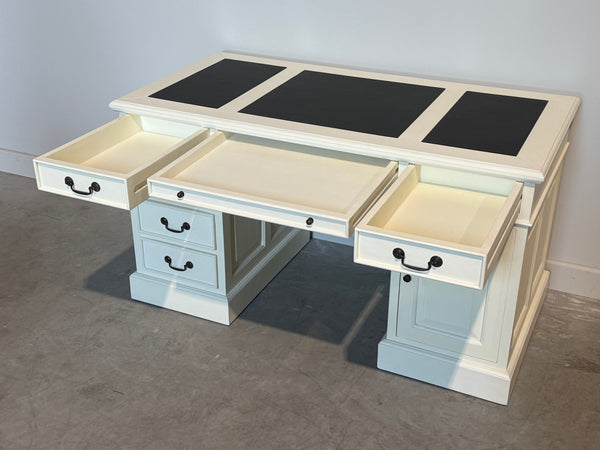 Vintage bureau, wit, klassiek Engels bureau, mahoniehout, zwart leer, 704