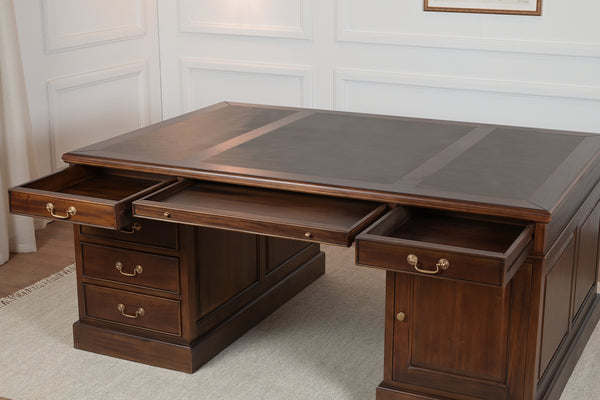 Regent 180x120 Walnoot, Partnerdesk, klassiek Engels bureau, massief mahoniehout