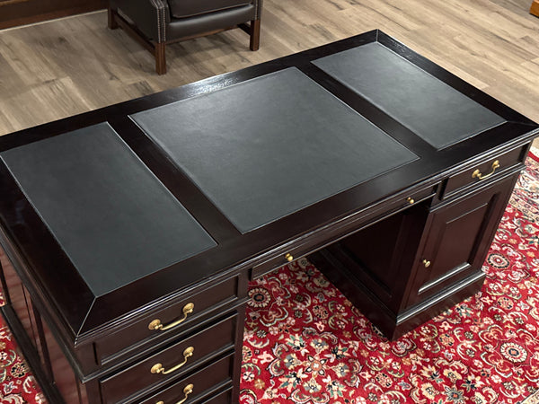 Vintage bureau, klassiek Engels bureau, mahoniehout, donker kersen, zwart leer, 631