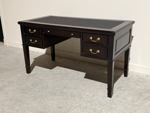 Vintage schrijftafel, klassiek Engels bureau, mahoniehout, zwart leer, 712