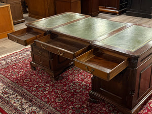 Bureau vintage, bureau double, bureau anglais classique, chêne, cuir vert, 687