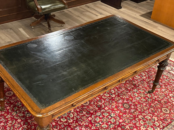 Bureau vintage, bureau anglais ancien, chêne, cuir vert, 686