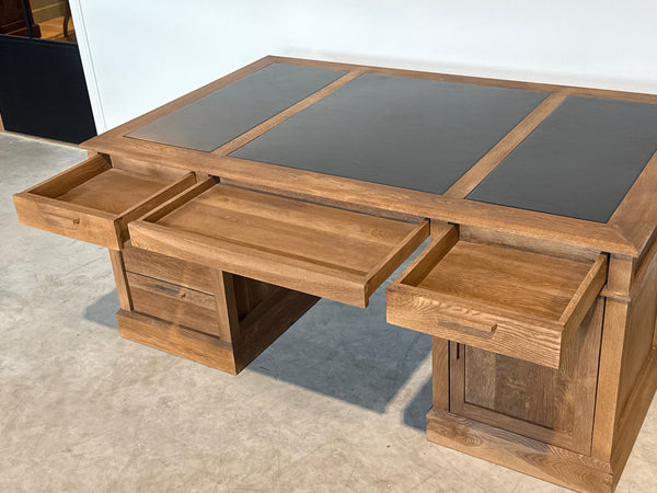 Vintage bureau, partnerdesk, klassiek Engels bureau, eikenhout, zwart leer, 698