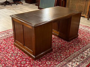 Vintage bureau, antiek, klassiek Engels bureau, eikenhout, bruin leer, 581