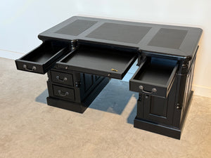 Vintage bureau, zwart, klassiek Engels bureau, mahoniehout, zwart leer, 703