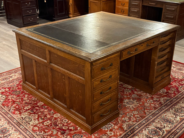 Antique Desk (partner desk) 410 - Classic English desk, Dark blue leather, Brass handles, light oak wood, ca. 1920s
