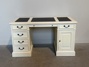 Vintage bureau, wit, klassiek Engels bureau, mahoniehout, zwart leer, 704