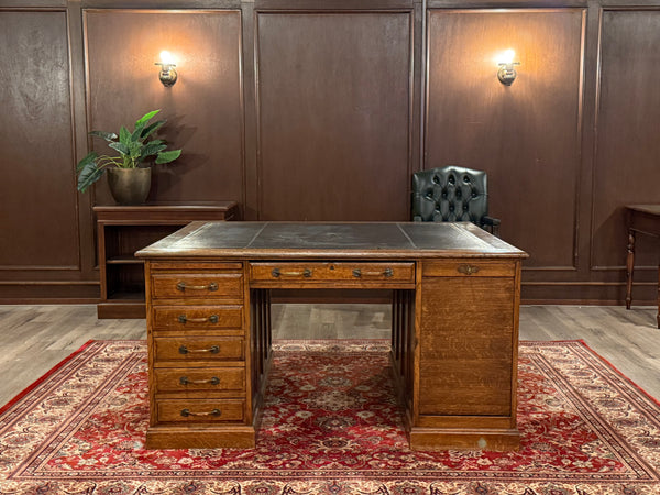 Antique Desk (partner desk) 410 - Classic English desk, Dark blue leather, Brass handles, light oak wood, ca. 1920s