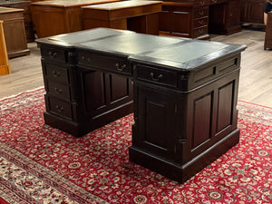 Bureau vintage, bureau anglais classique, bureau double, acajou, cuir vert, 688