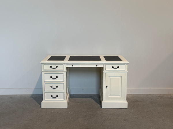 Vintage bureau, wit, klassiek Engels bureau, mahoniehout, zwart leer, 704
