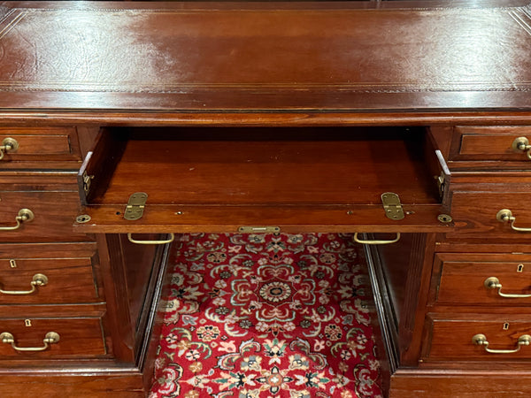 Bureau vintage, bureau anglais classique, bois de cerisier, cuir orange, 654