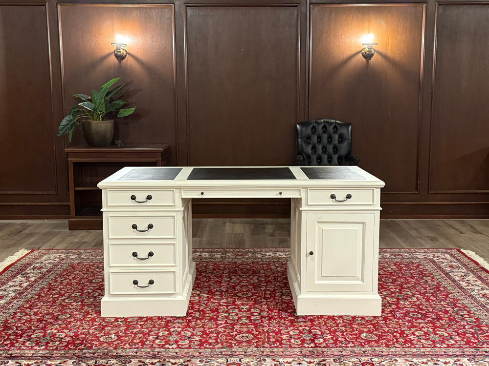 Vintage bureau, wit, klassiek Engels bureau, mahoniehout, zwart leer,585