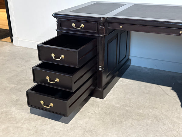 Vintage bureau, donker kers, klassiek Engels bureau, mahoniehout, zwart leer, 706