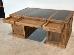 Vintage bureau, partnerdesk, klassiek Engels bureau, eikenhout, zwart leer, 698