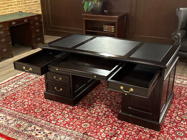 Vintage bureau, klassiek Engels bureau, mahoniehout, donker kersen, zwart leer, 631