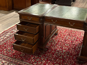 Bureau vintage, bureau double, bureau anglais classique, chêne, cuir vert, 687