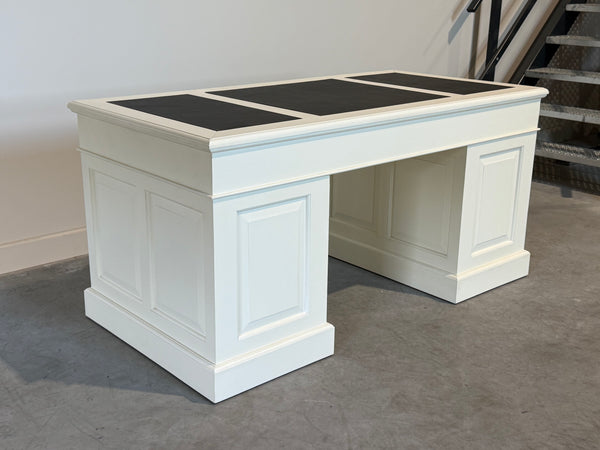 Vintage bureau, wit, klassiek Engels bureau, mahoniehout, zwart leer, 704