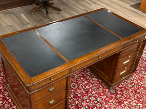 Bureau vintage, bureau anglais classique, acajou, cuir bleu, 690