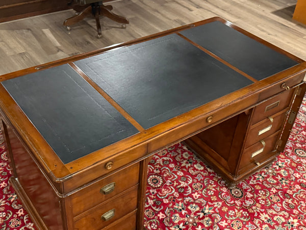 Bureau vintage, bureau anglais classique, acajou, cuir bleu, 690