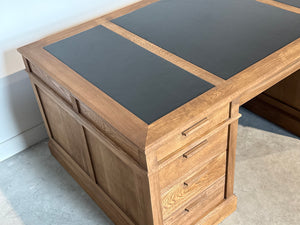 Vintage bureau, partnerdesk, klassiek Engels bureau, eikenhout, zwart leer, 698