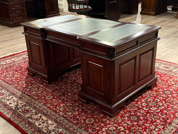 Bureau vintage, bureau anglais classique, acajou, cuir vert, 642