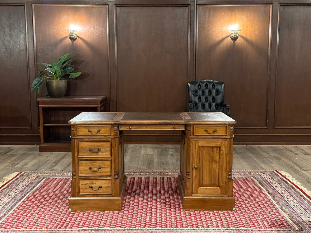 Vintage bureau, klassiek Engels bureau, teakhout, bruin leer, 551