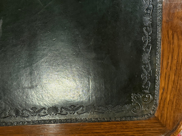 Bureau vintage, bureau anglais ancien, chêne, cuir vert, 686