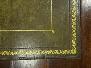 Vintage bureau, antiek Engels bureau, eikenhout, groen leer, 606