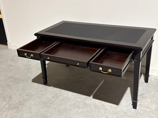 Vintage schrijftafel, klassiek Engels bureau, mahoniehout, zwart leer, 713
