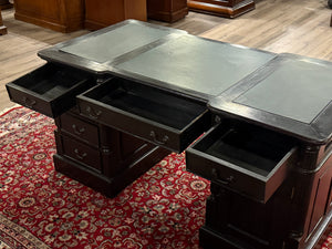 Bureau vintage, bureau anglais classique, bureau double, acajou, cuir vert, 688