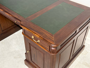 Vintage bureau, partnerdesk, klassiek Engels bureau, mahoniehout, groen leer, 692