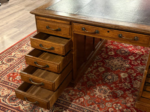 Antique Desk (partner desk) 410 - Classic English desk, Dark blue leather, Brass handles, light oak wood, ca. 1920s