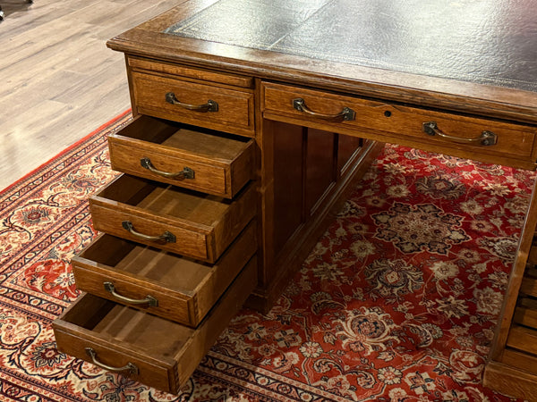 Antique Desk (partner desk) 410 - Classic English desk, Dark blue leather, Brass handles, light oak wood, ca. 1920s
