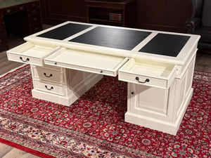 Vintage-Schreibtisch, weiß, klassischer englischer Schreibtisch, Mahagoni, schwarzes Leder, 639