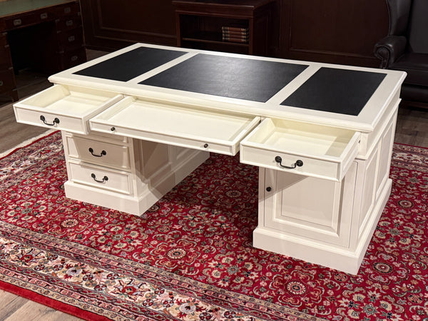 Vintage-Schreibtisch, weiß, klassischer englischer Schreibtisch, Mahagoni, schwarzes Leder, 639