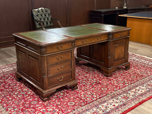 Bureau vintage, bureau double, bureau anglais classique, chêne, cuir vert, 687
