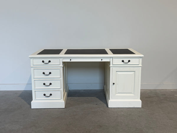 Vintage bureau, wit, klassiek Engels bureau, mahoniehout, zwart leer, 704