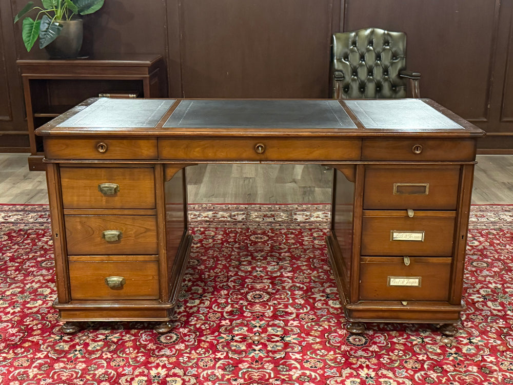Bureau vintage, bureau anglais classique, acajou, cuir bleu, 690
