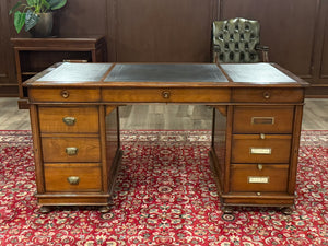 Bureau vintage, bureau anglais classique, acajou, cuir bleu, 690