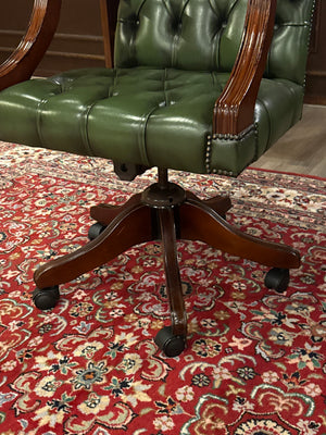 Vintage-Sessel, Chesterfield, grünes Leder, Mahagoniholz, 122