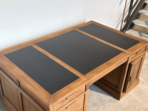 Vintage bureau, partnerdesk, klassiek Engels bureau, eikenhout, zwart leer, 698