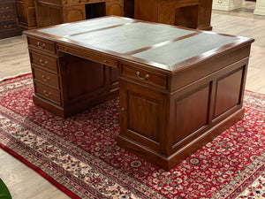Vintage-Schreibtisch, Partner-Schreibtisch, klassischer englischer Schreibtisch, Mahagoni, grünes Leder, 638