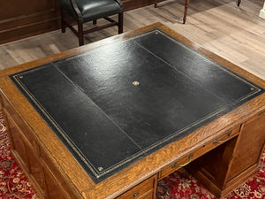 Antique Desk (partner desk) 410 - Classic English desk, Dark blue leather, Brass handles, light oak wood, ca. 1920s